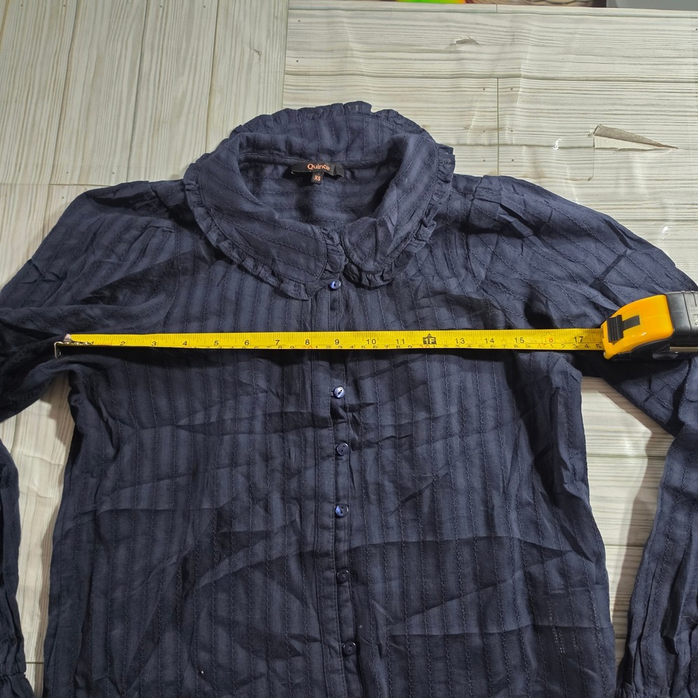 Quince Navy Blue Ruffle Peter Pan Collar Stripe Button Down Blouse XS - Picture 3 of 5
